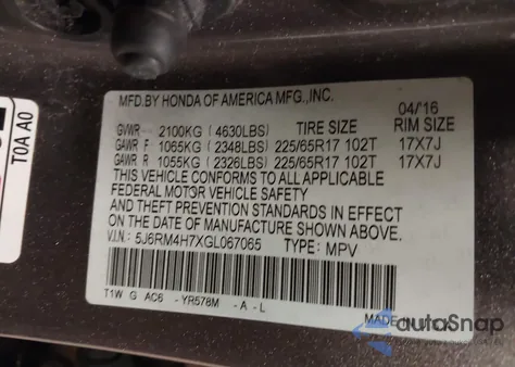 2016 Honda Cr-V Ex-L from USA, damaged, VIN 5J6RM4H7XGL067065